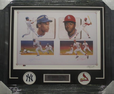 New York Yankees Ricky Henderson & Lou Brock SIGNED Framed Lithograph WITH COA