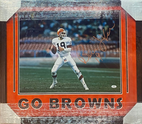 Cleveland Browns Bernie Kosar Signed 16x20 Photo Framed & GO BROWNS Suede Matted with COA
