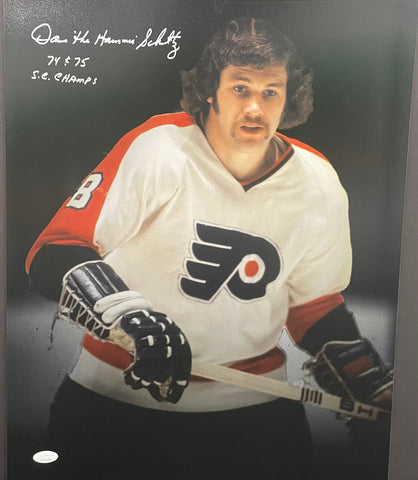 Dave "The Hammer" Schultz Philadelphia Flyers Signed 16x20 Photo w/ "74 & 75 S.C. Champs" Inscription JSA COA