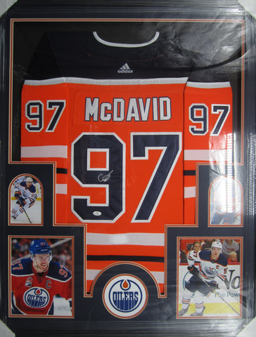 Edmonton Oilers Connor McDavid SIGNED Framed Matted Jersey WITH COA