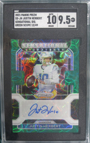 Justin Herbert 2021 Panini Prizm Sensational Sig Green Scope 12/49 SGC MT 9.5 Auto 10 Card