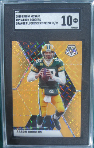 Aaron Rodgers Panini Mosaic #79 Orange Flourescent Prizm 10/25 SGC Gem Mt 10 Card