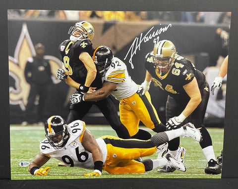 James Harrison Pittsburgh Steelers Signed 16x20 Hitting Brees Beckett COA