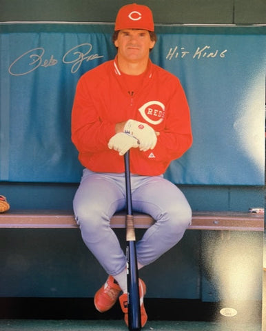 Cincinnati Reds Pete Rose Signed 16x20 Sitting w/ "Hit King" Inscription JSA COA