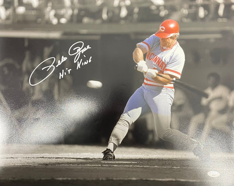 Pete Rose Cincinnati Reds Signed Blackout Horizontal 8x10 Photo w/ "Hit King" Inscription JSA COA