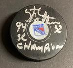 Stefan Matteau- 32 New York Rangers Signed Puck w/ "94 SC Champion" Inscription JSA COA