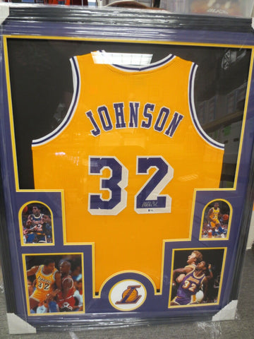 Magic Johnson LA Lakers Signed Framed Matted Jersey Beckett COA